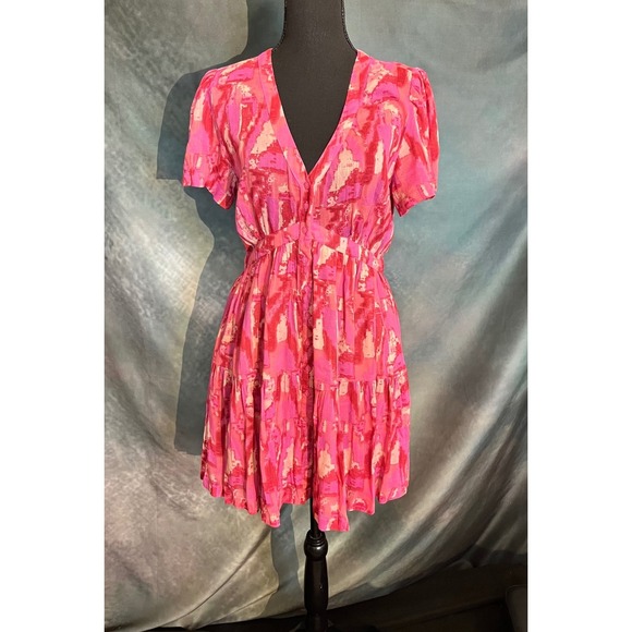 ba&sh Dresses & Skirts - Ba&sh Pink Talita Abstract Print V Neck‎ Short Sleeve Mini Dress Size Small
